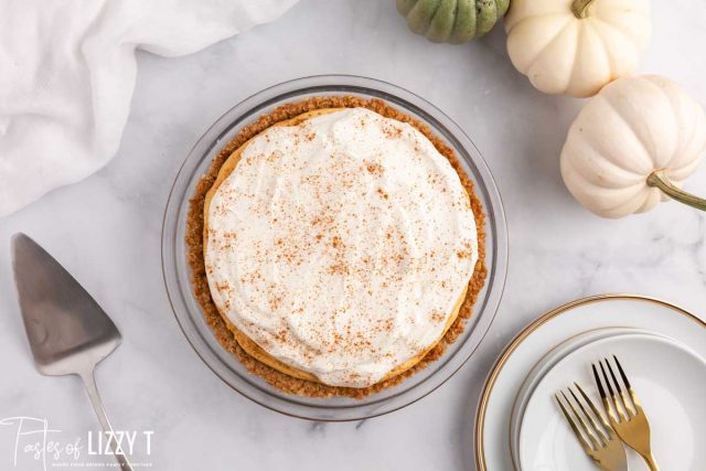 overhead shot of a no bake pumpkin cheesecake