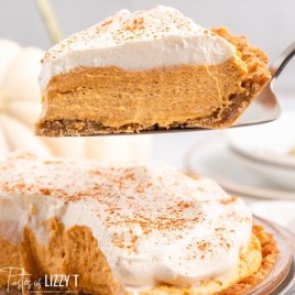 a slice of no bake pumpkin cheesecake on a spatula