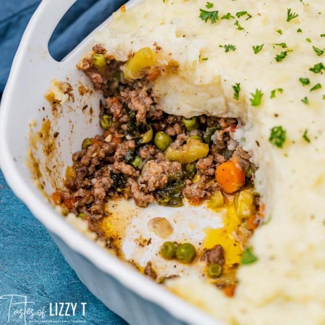 closeup of ground beef casserole with mashed potatoes