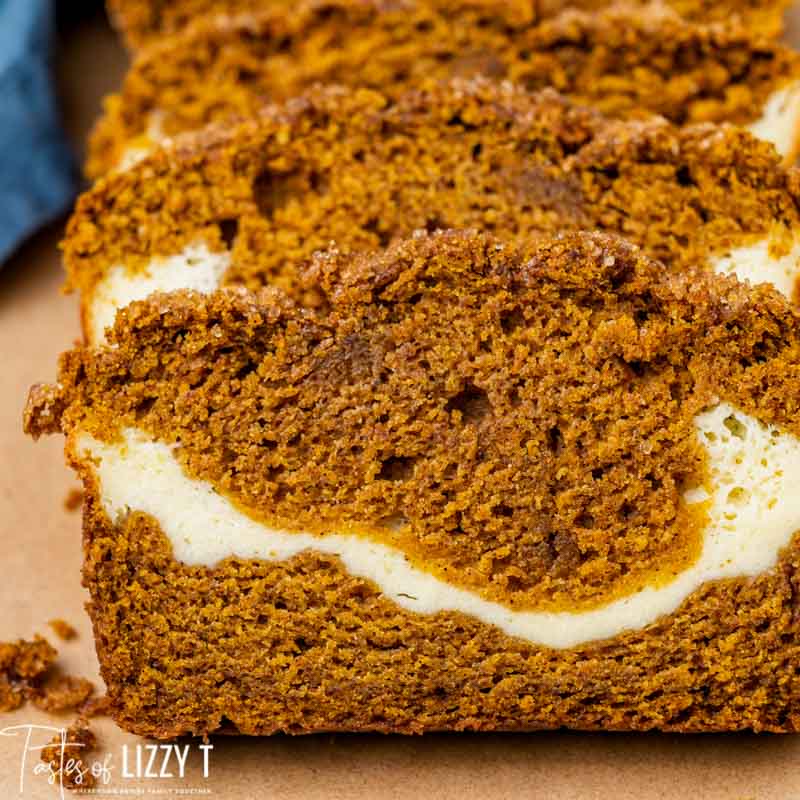 closeup of cream cheese swirl pumpkin bread