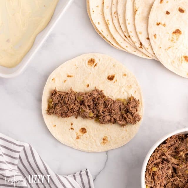 roast beef filling on flour tortillas