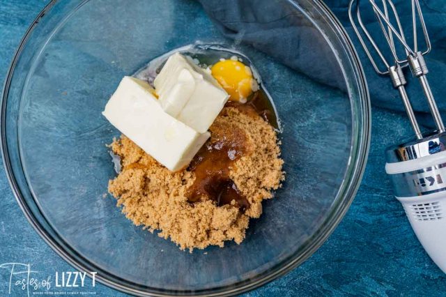 a bowl with butter, sugar and eggs