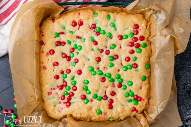 baked M&M sugar cookie bars in a pan