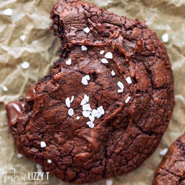 closeup of a brownie cookie with one bite out