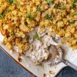 chicken stuffing casserole in a baking pan