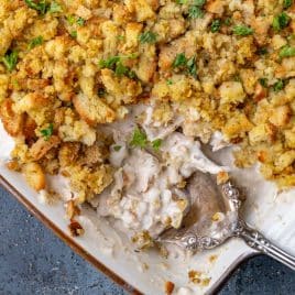 chicken stuffing casserole in a baking pan