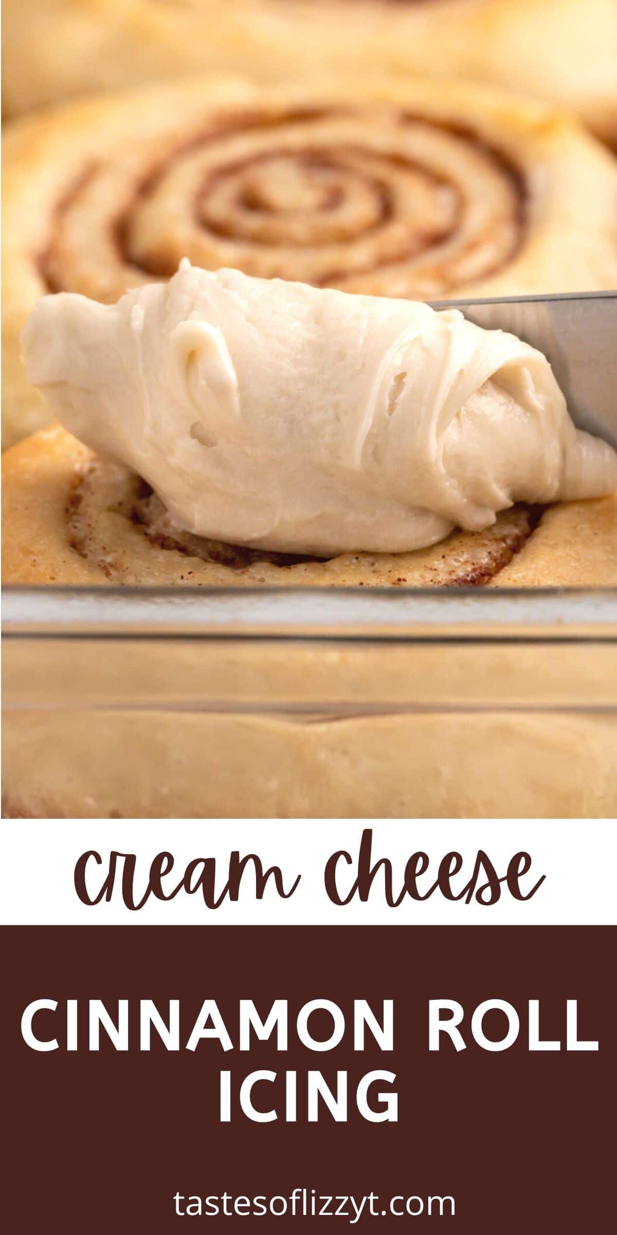 Melt-in-your-mouth, cream cheese cinnamon roll icing is the perfect topping for your family's homemade cinnamon roll recipe, cookies or cake. via @tastesoflizzyt