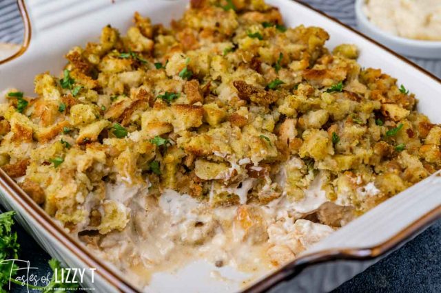 creamy chicken stuffing casserole in a pan