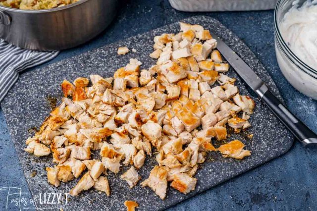 diced chicken on a cutting board