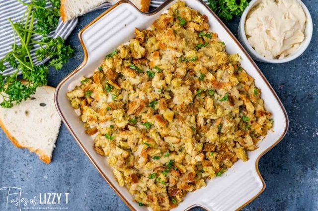 overhead view of stuffing casserole