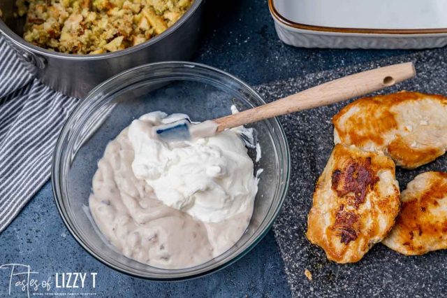 soup and sour cream in a mixing bowl