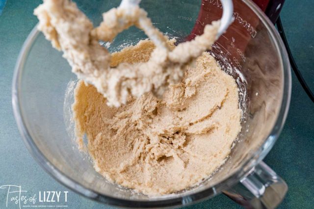 creamed butter and shortening in a mixing bowl