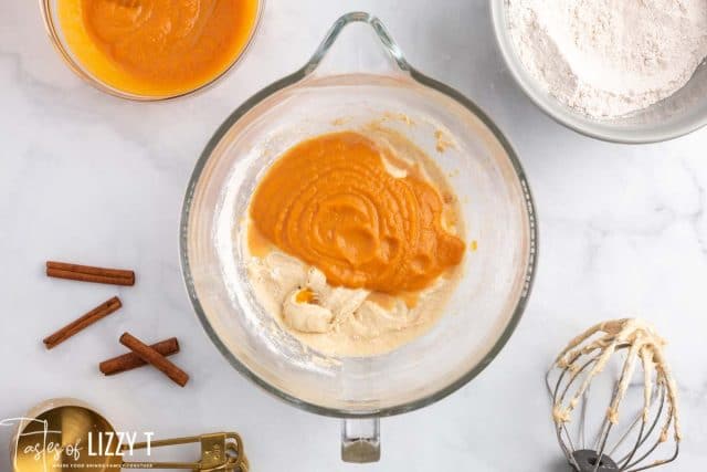 pumpkin in cake batter in a bowl