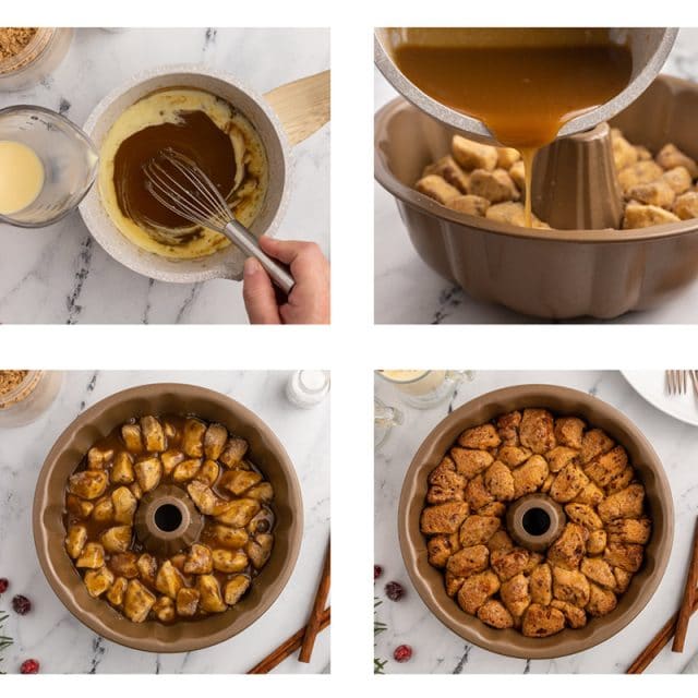 collage of glaze being poured over monkey bread in a bundt pan