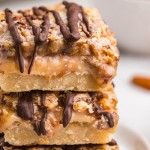closeup of shortbread bars with toffee topping