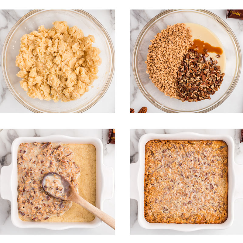 collage of toffee pecan shortbread bars