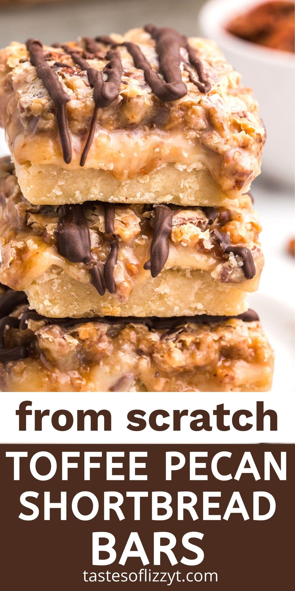A shortbread bottom and gooey toffee and pecan layer on top make this easy Toffee Pecan Shortbread Bars recipe so decadent. via @tastesoflizzyt