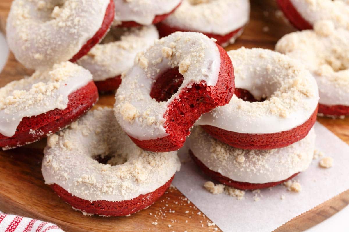 red velvet crumb doughnuts on a table