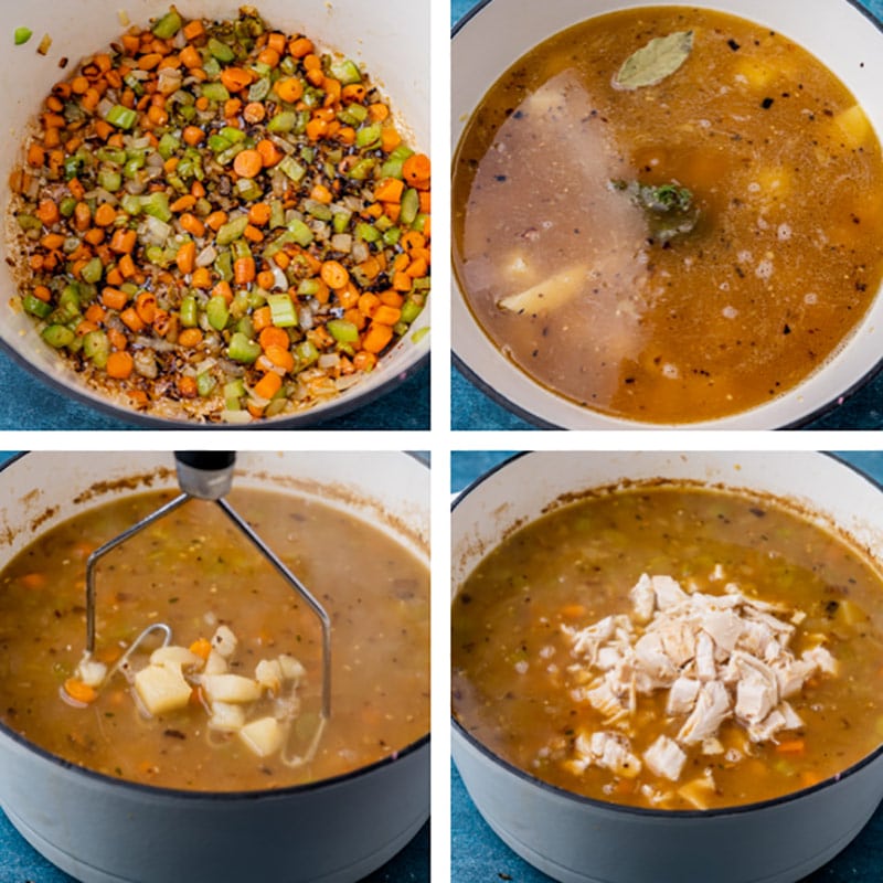a collage of how to make chicken potato soup