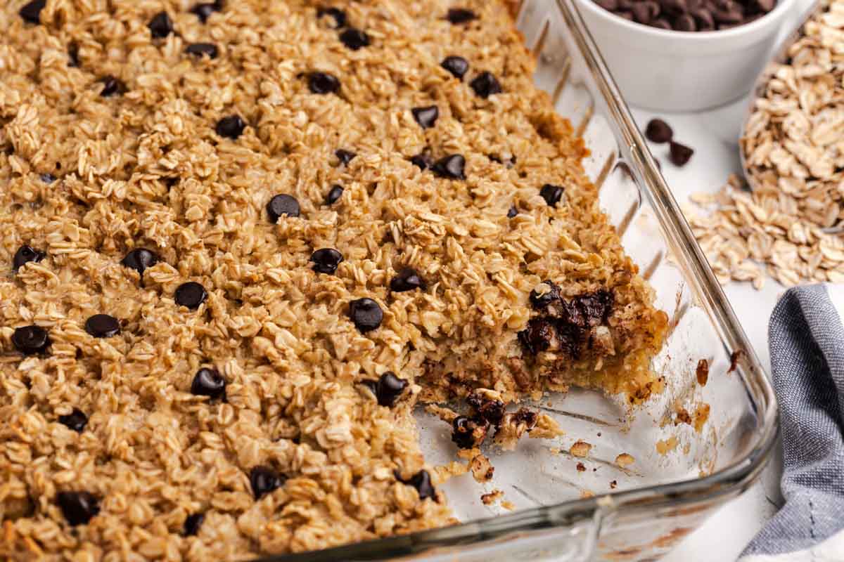 baked oatmeal with chocolate chips in a pan
