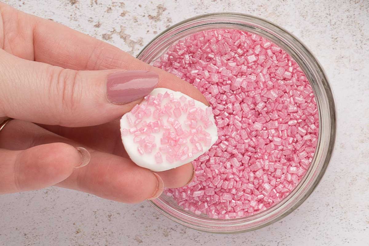 a hand holding a marshmallow with sprinkles