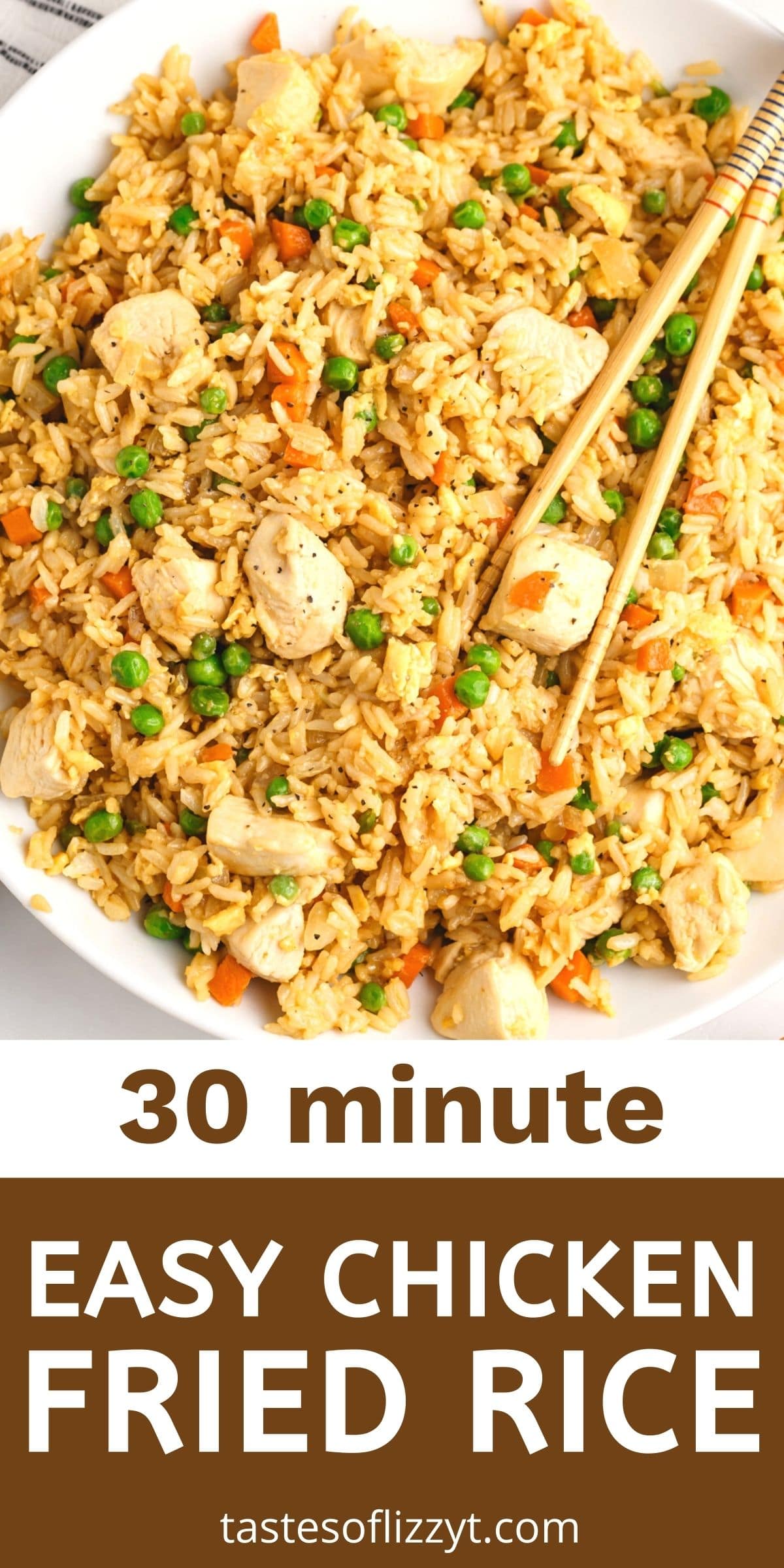 Curious how to make chicken fried rice in the easiest way? Use our recipe for savory fried rice in less than 30 minutes with simple, pantry ingredients. Don't forget our secret ingredient. via @tastesoflizzyt