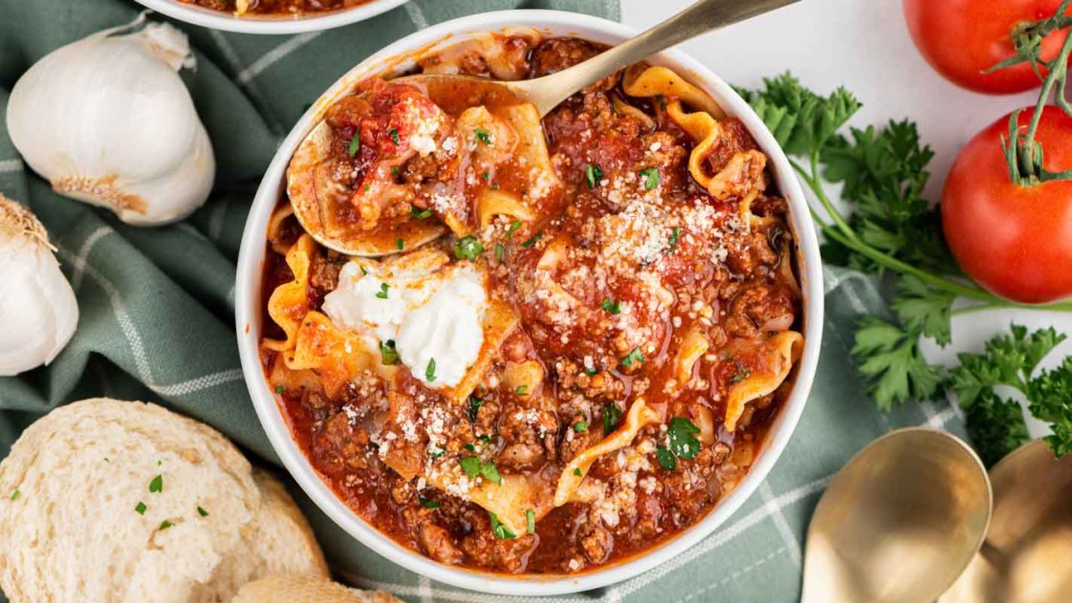 lasagna soup with a bowl on a table