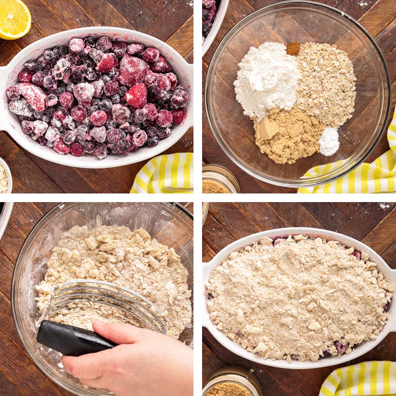 collage of how to make triple berry fruit crumble