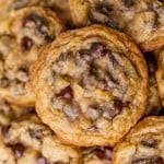 closeup of a plate of chocolate chip cookies