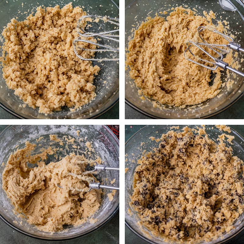 collage of stages of cookie dough in a bowl