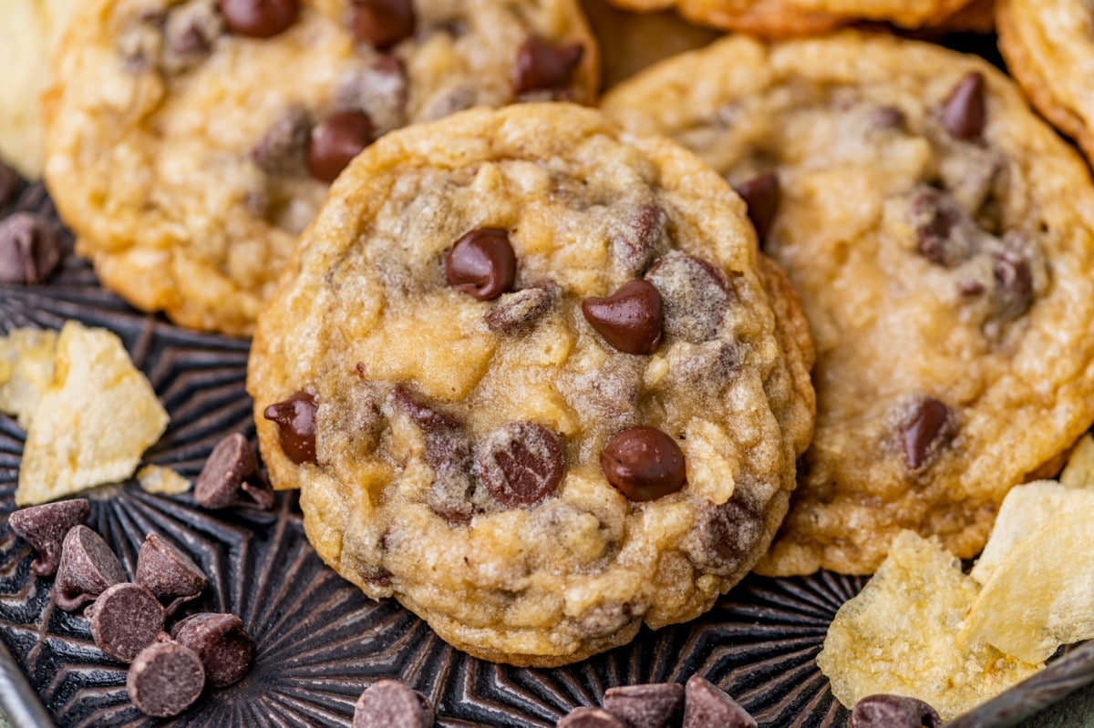 a pan of chocolate chip potato chip cookies