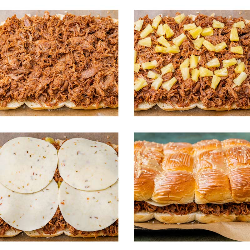 collage of layers of hawaiian pulled pork sliders