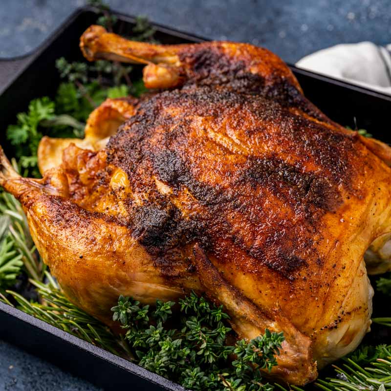 overhead view of golden brown roast chicken