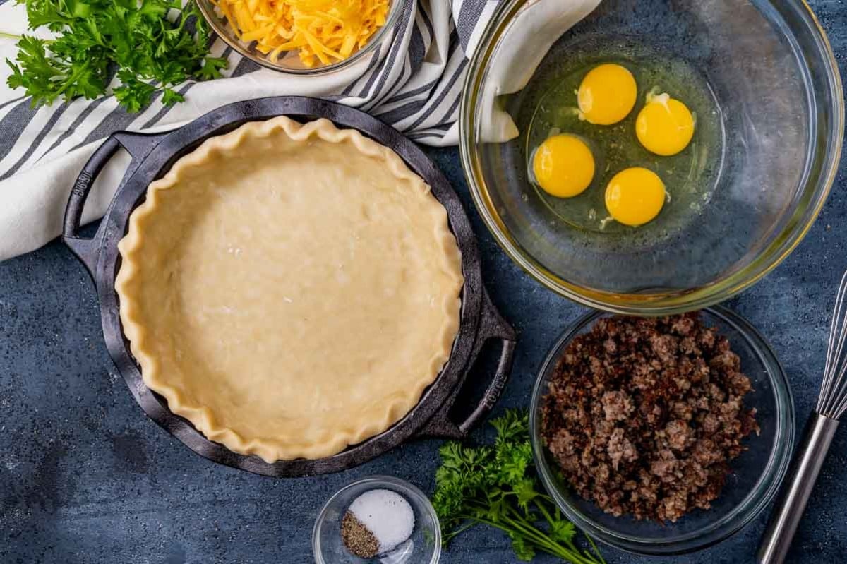 ingredients for breakfast pie on a table