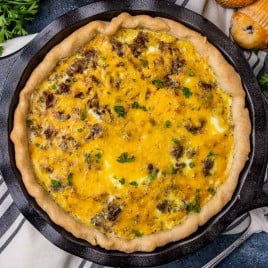 overhead view of a sausage breakfast pie