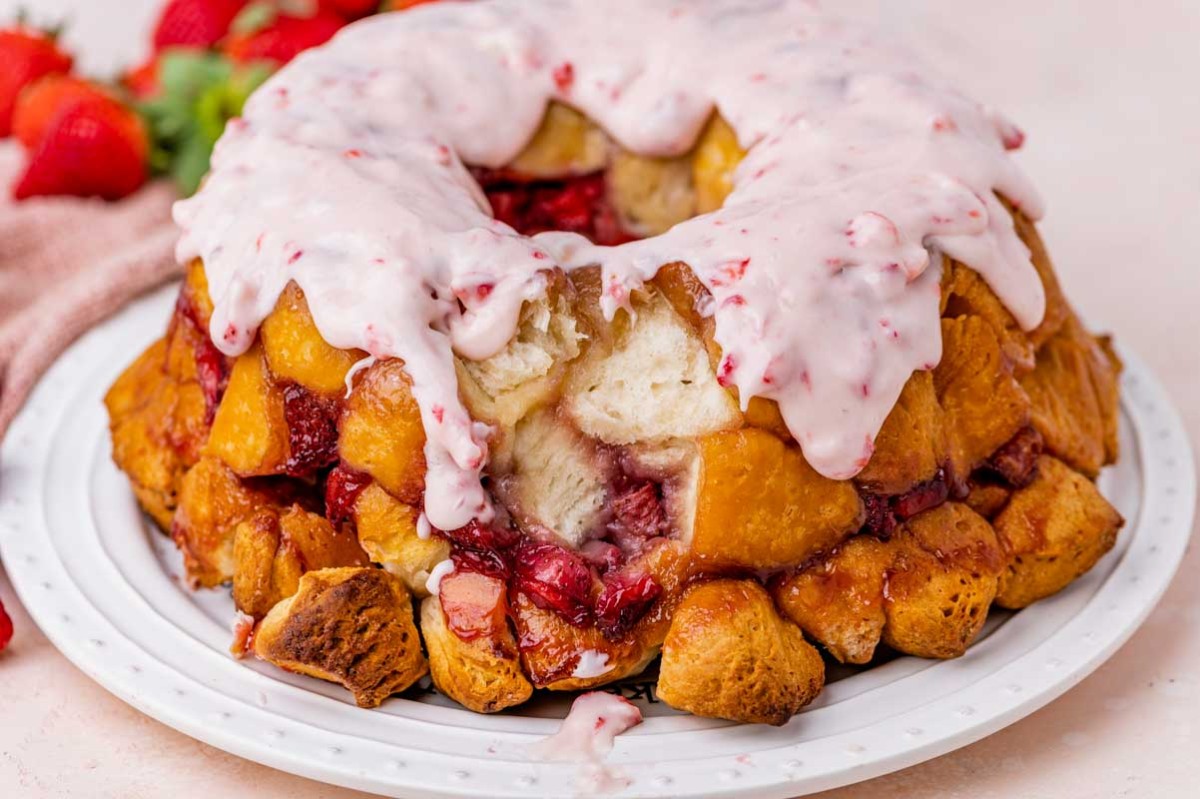 strawberry monkey bread with one bite missing