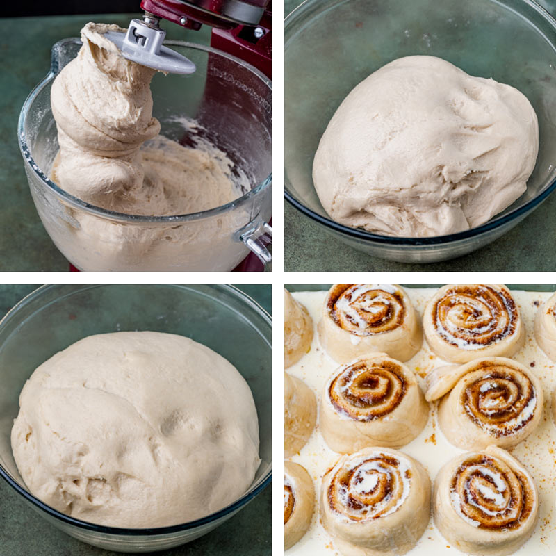 collage of cinnamon roll dough