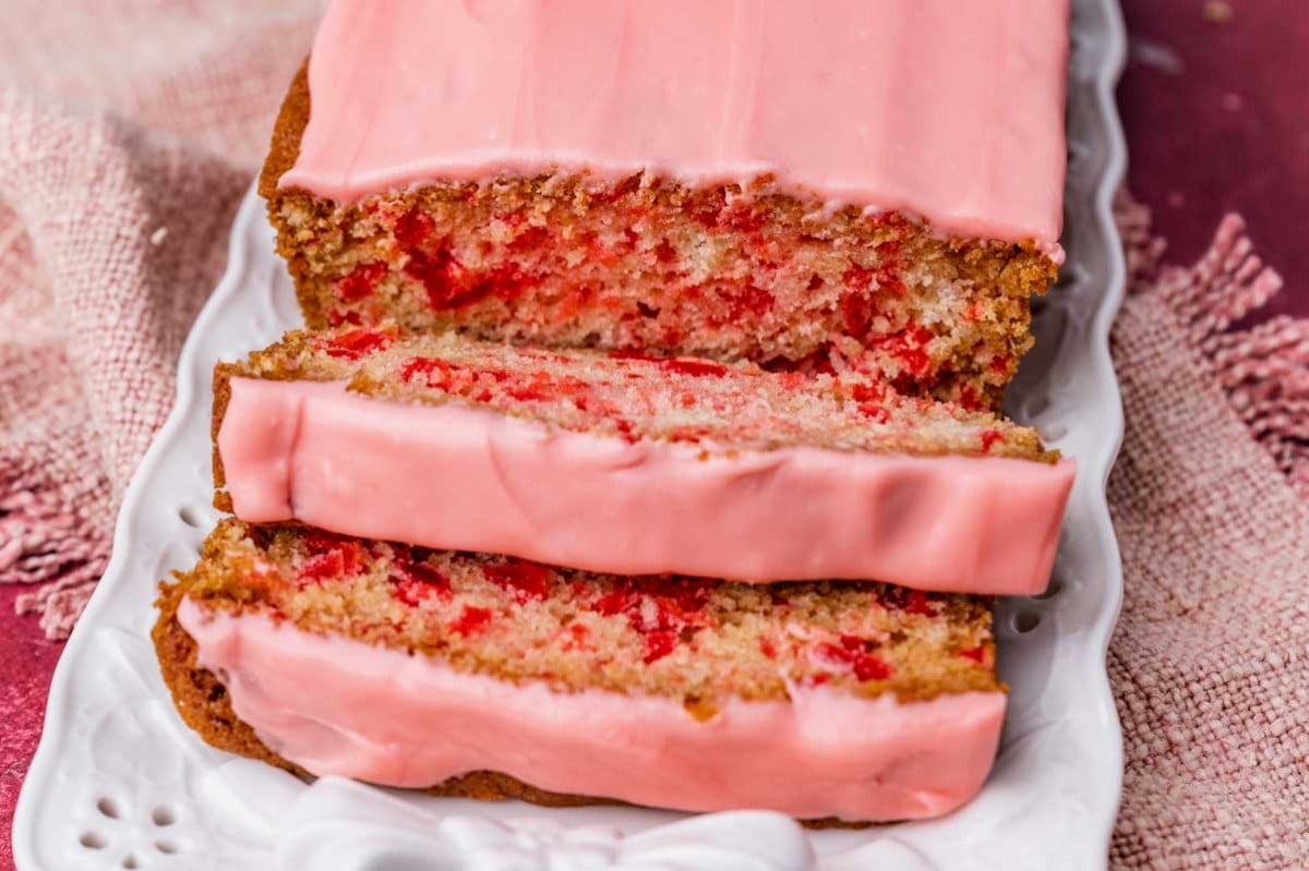 pink maraschino cherry bread on a plate