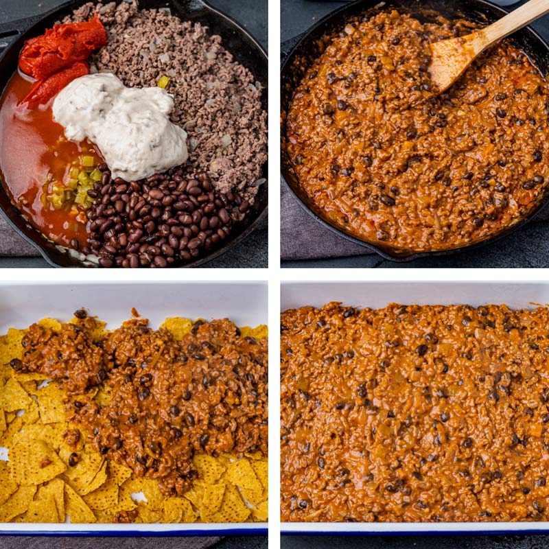 collage of how to make an easy enchilada casserole with tortilla chips