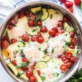 overhead view of eggs in a skillet