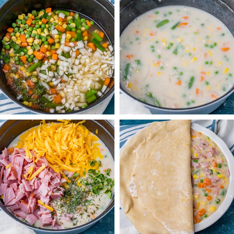 collage of how to make pot pie with leftover ham