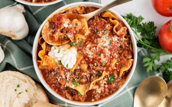 overhead view of a bowl of lasagna soup category