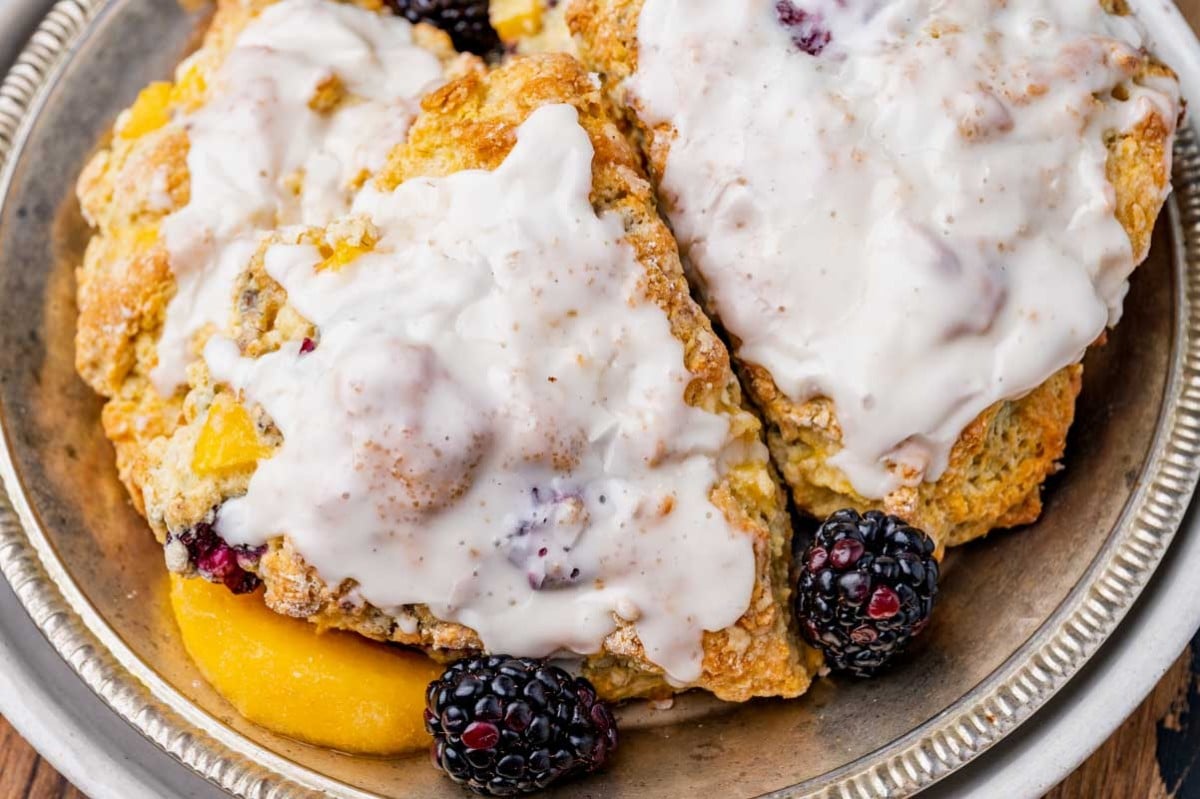 glazed scones with peaches and blackberries