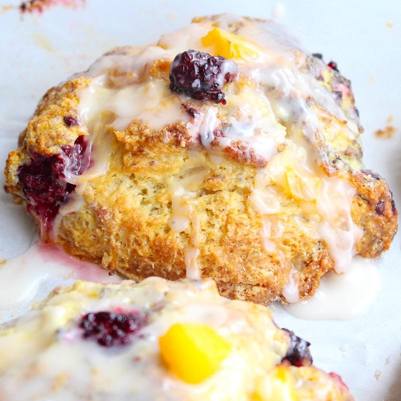 closeup of a peach blackberry scone