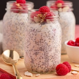 closeup of a jar of overnight oats with chia seeds