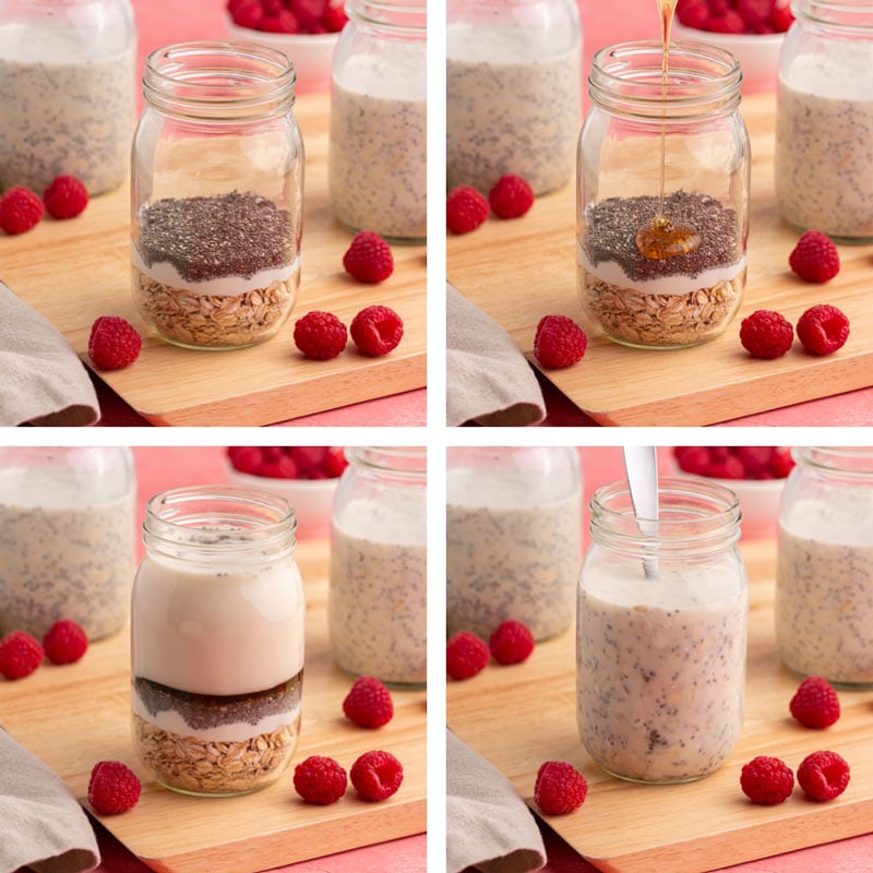 collage of how to layer overnight oats in a mason jar