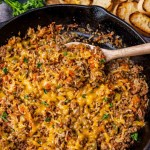 overhead view of texas hash in a cast iron skillet
