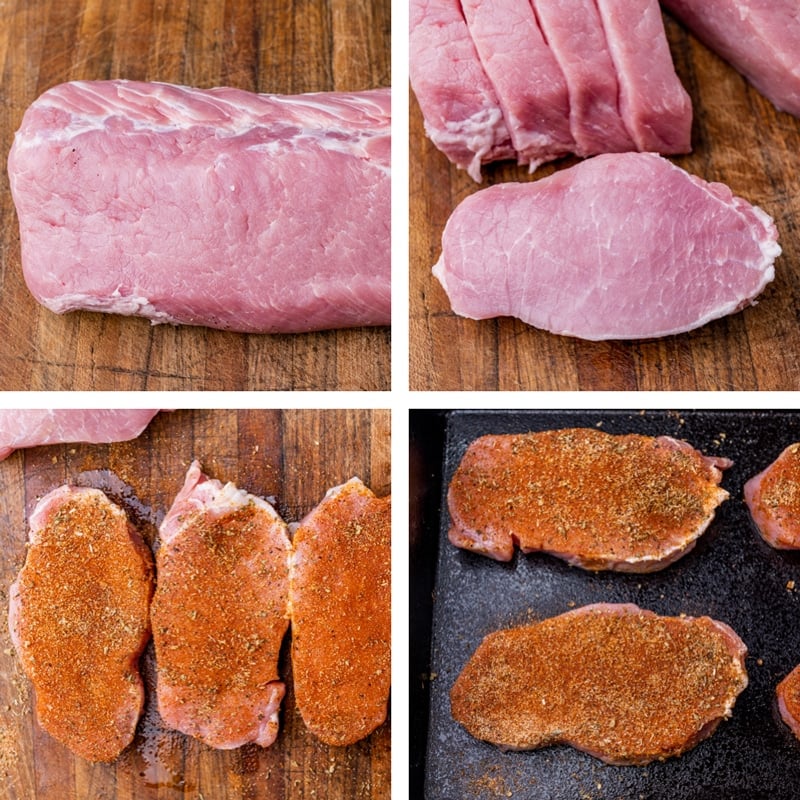 collage of how to cut and season pork chops