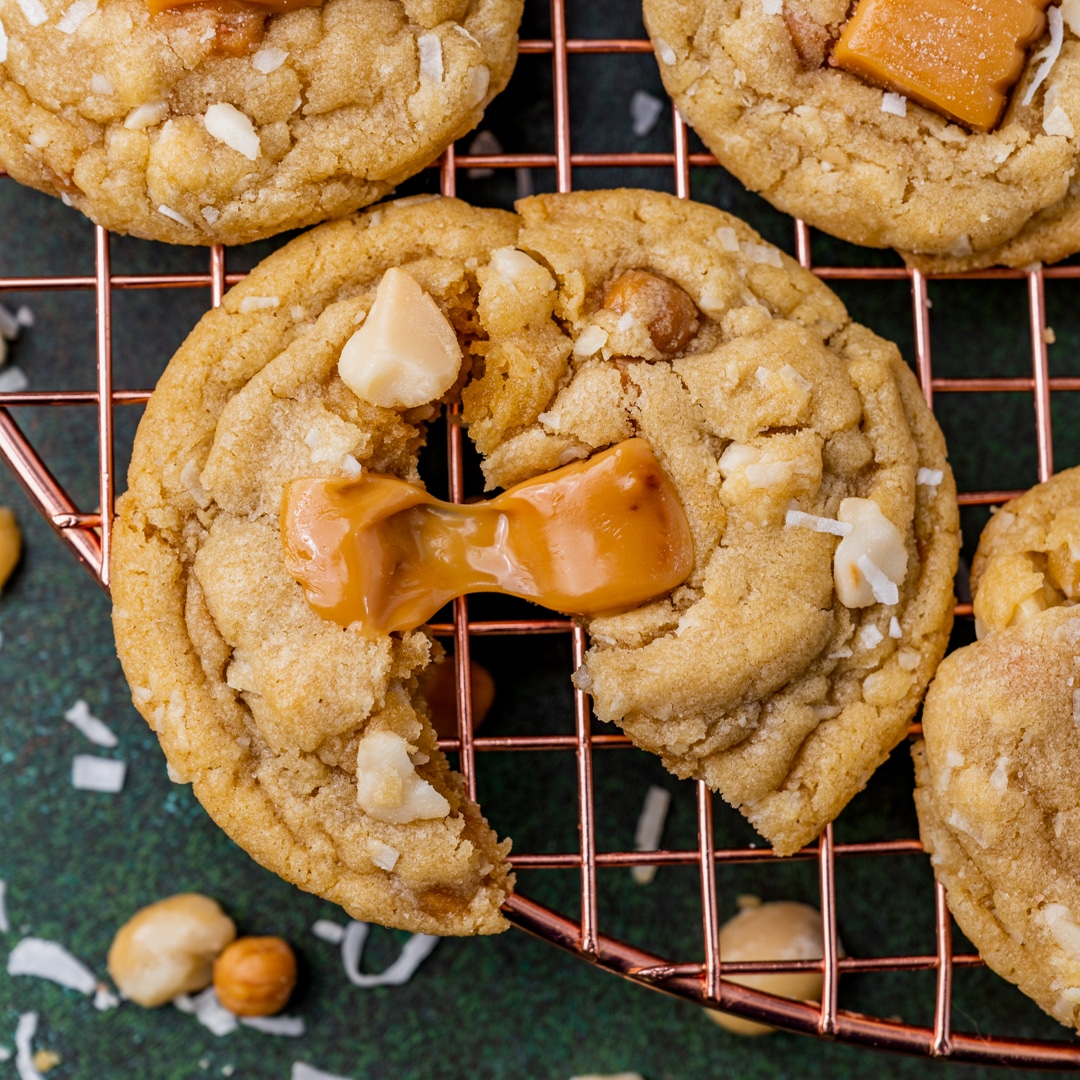 overhead view of a gooey center caramel cookie