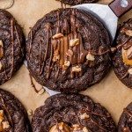double chocolate cookies with caramel and pecans